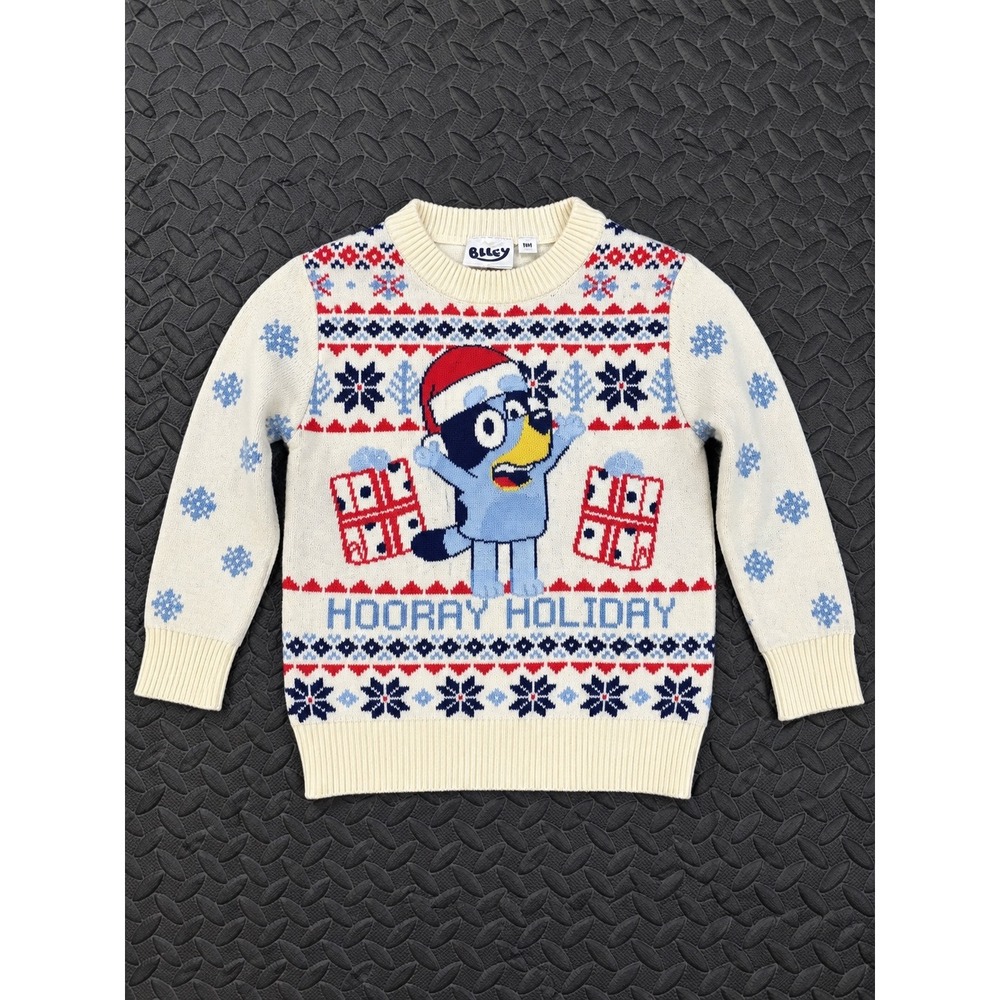 Bluey Hooray Holiday Christmas Sweater Kids 18M Cream Fair Isle Knit Pullover